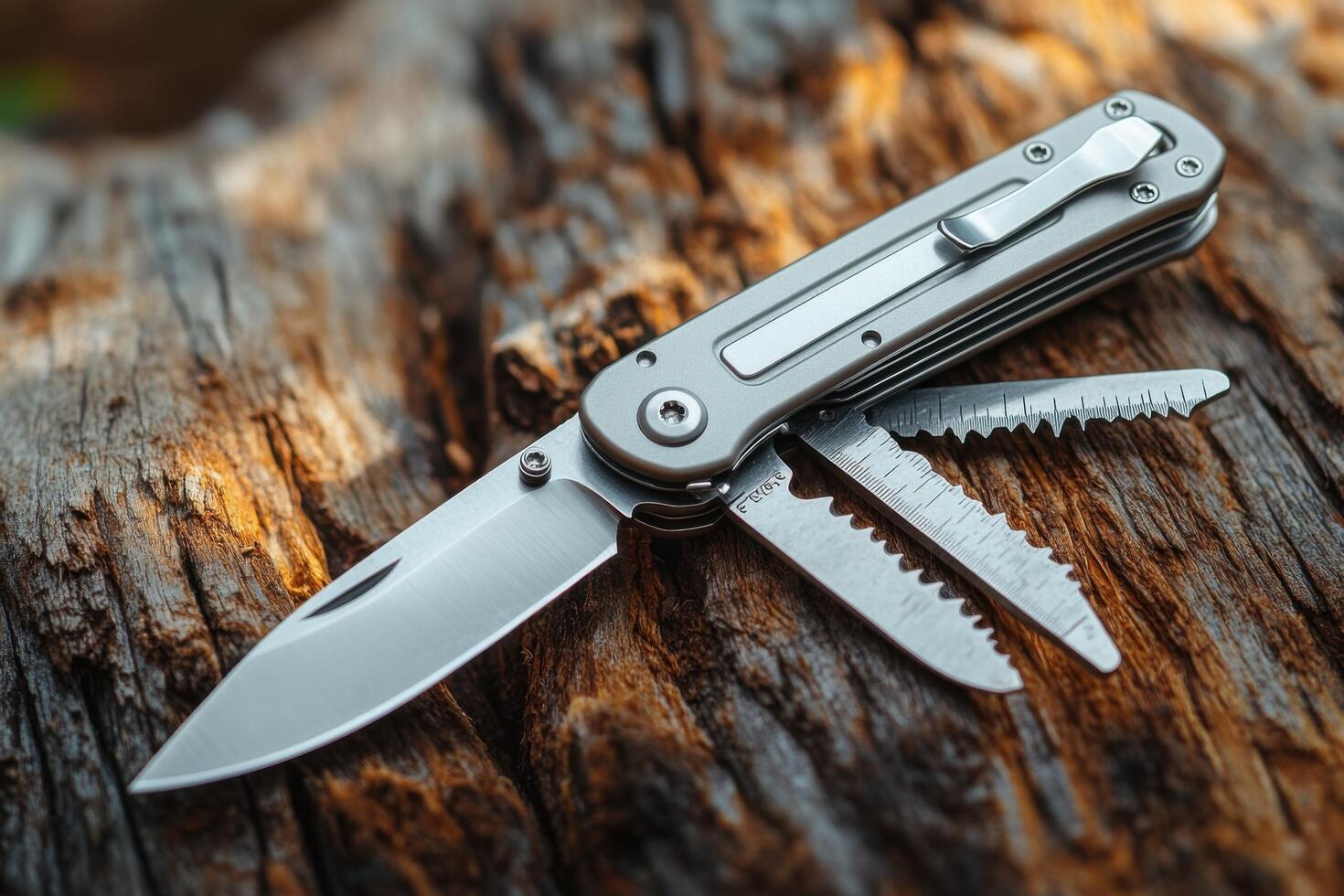 A knife with a multi - tool on top of a tree photo