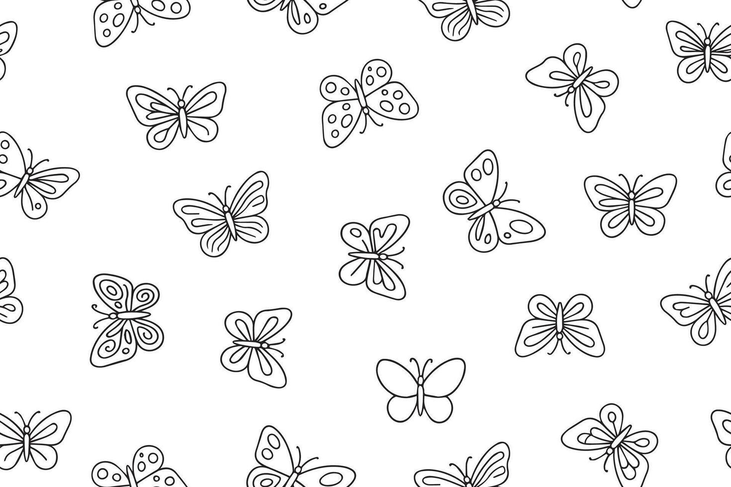 Seamless pattern with beautiful butterflies in doodle style. Each butterfly is unique, has its own pattern and wing shape. Perfect for creative projects vector