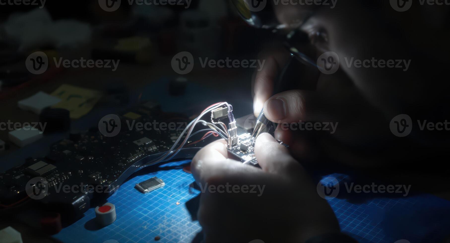 Engineer soldering FPV drone circuit board with precision under focused headlamp light photo