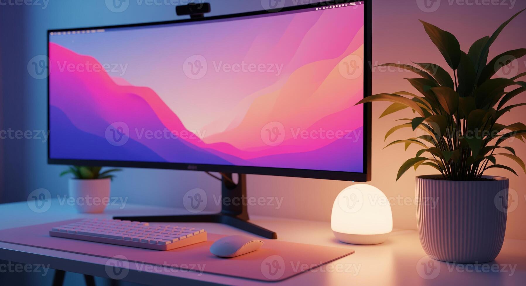 Modern desk setup with curved monitor displaying vibrant gradient wallpaper in a home office environment photo