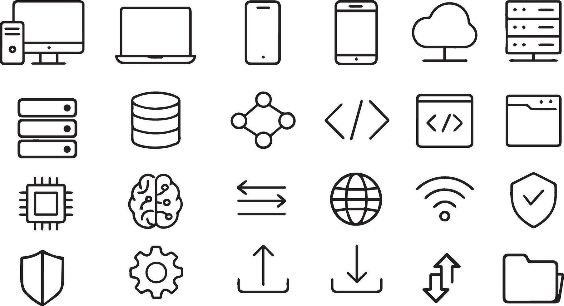 Computing Line Icons Set Computer, Technology, Digital, Cloud, Network, Artificial Intelligence Outline art Pack vector