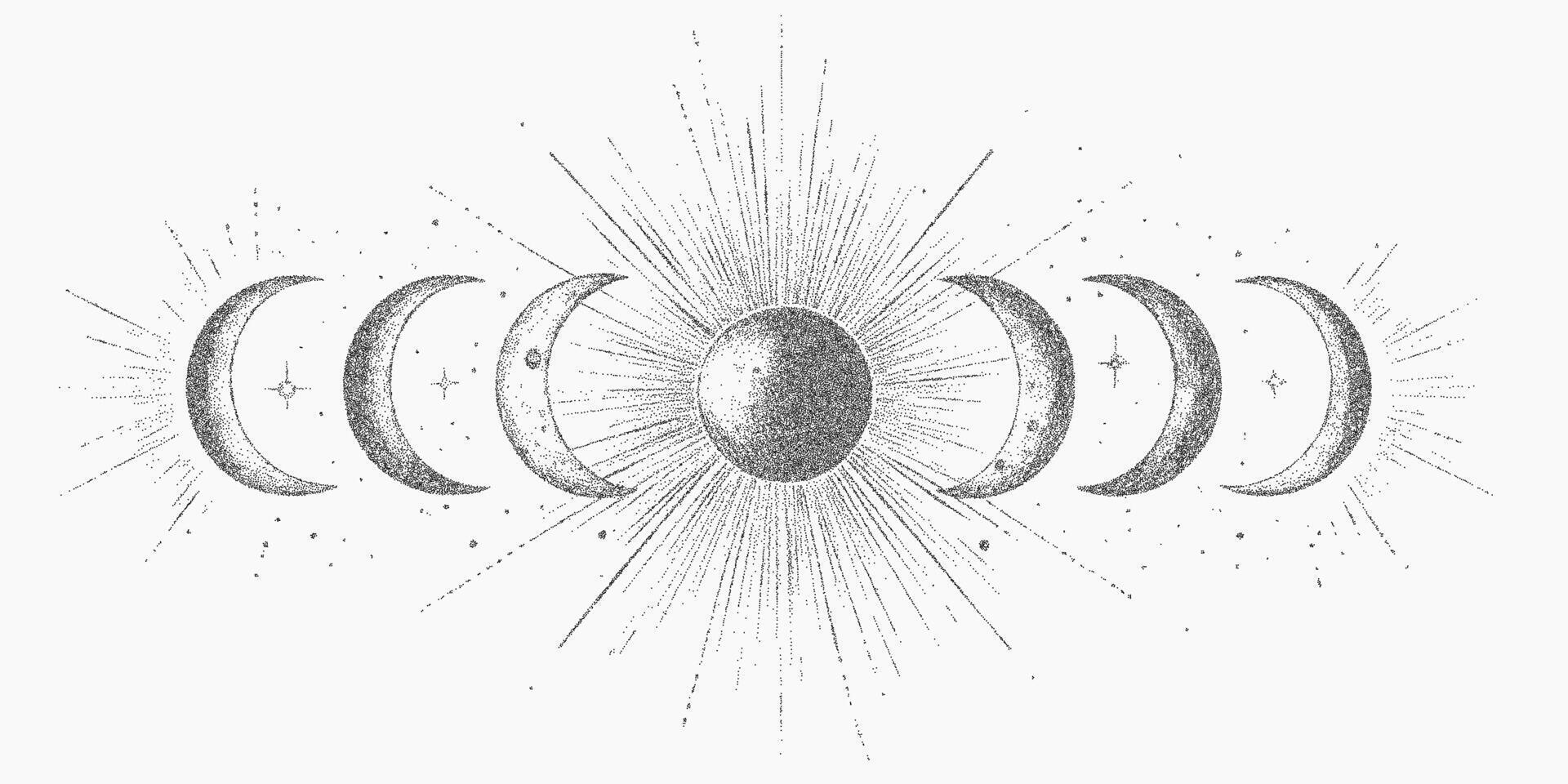 Moon phases drawing. Hand inked object with visible paper noise, gritty brush texture, subtle threshold fade along the edges. vector