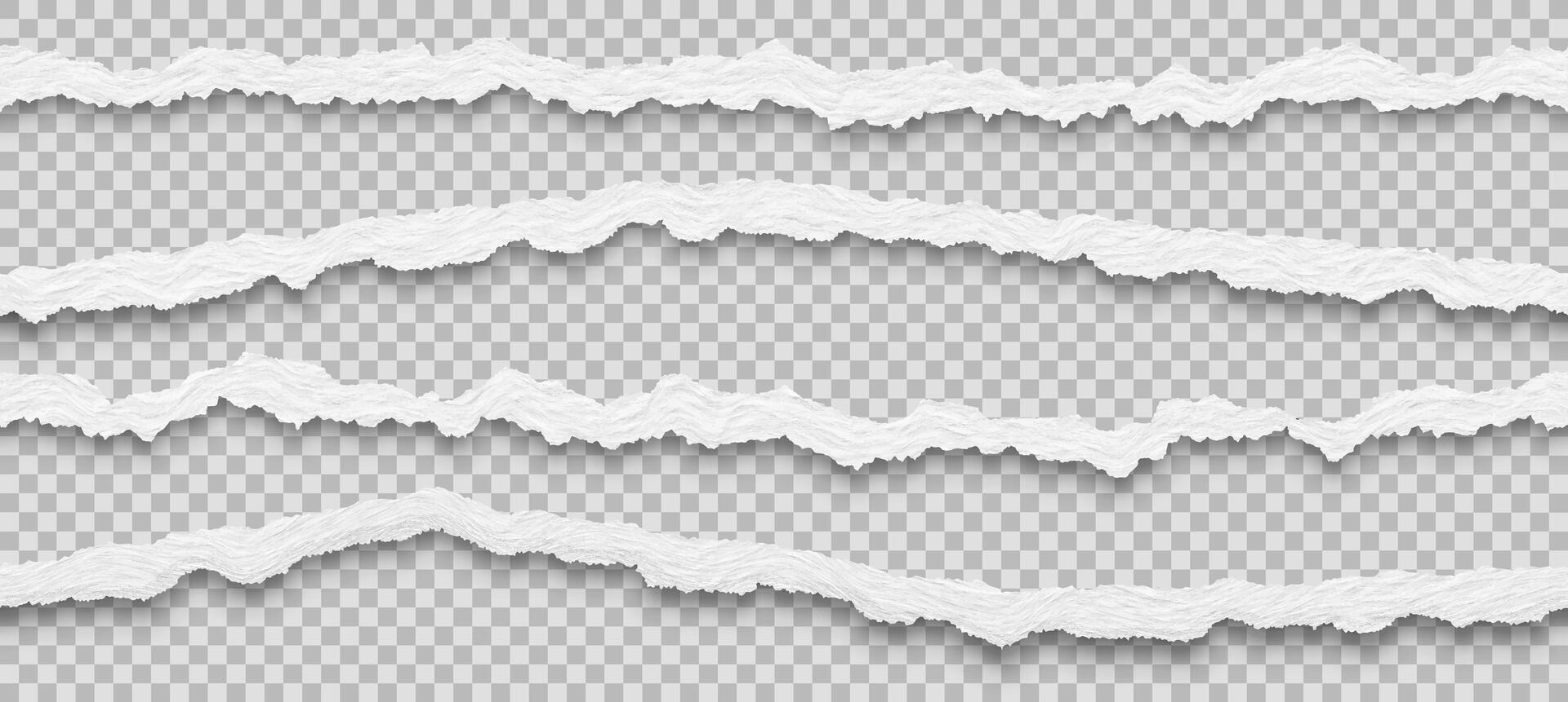 Collection of realistic seamless torn paper edges with shadows isolated on light background. vector