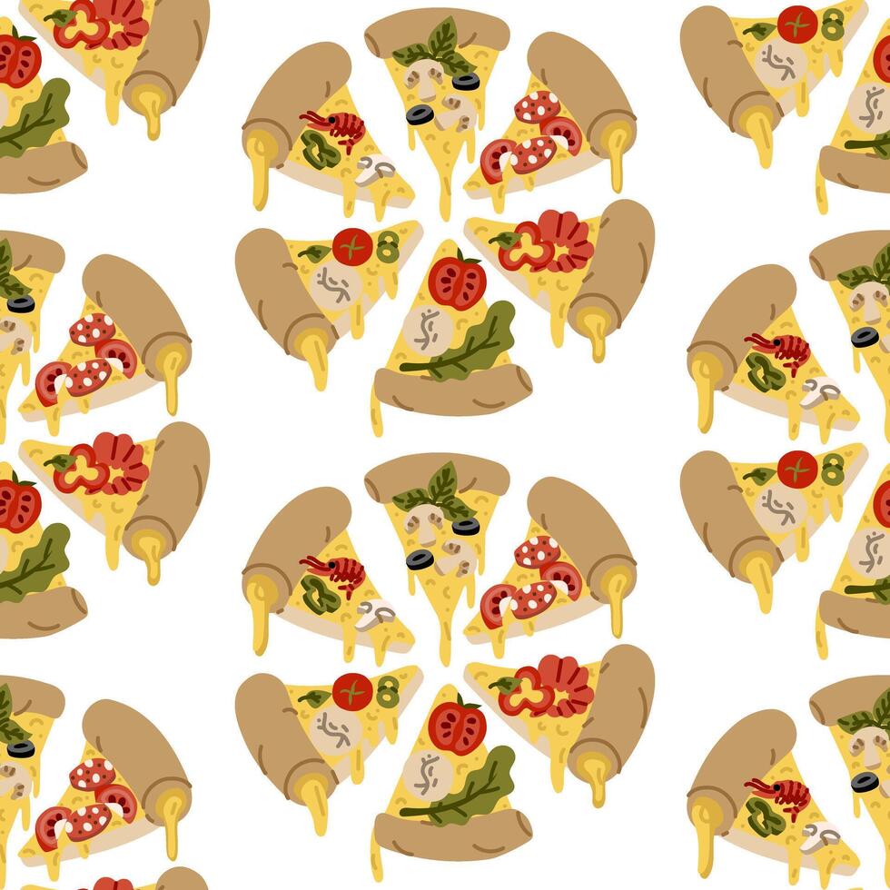 pattern is cooked pizza cut into triangular slices. Each slice has different topping. Sausage, cheese, tomatoes, shrimp, mushrooms, peppers, olives, spinach. pizza has. flat colorful seamless texture vector