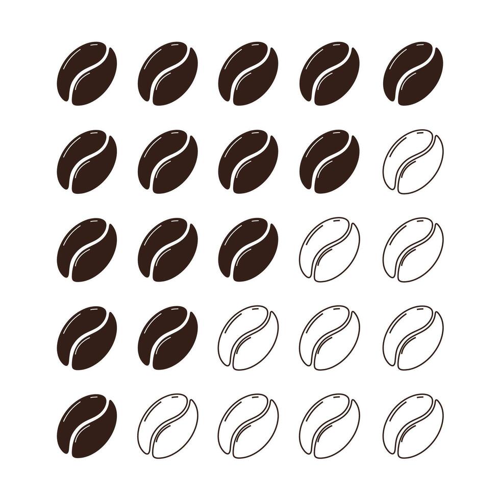 Coffee bean intensity roast level, strength light medium or dark scale. Set minimal indicator, coffee beans frying. Different brew. vector