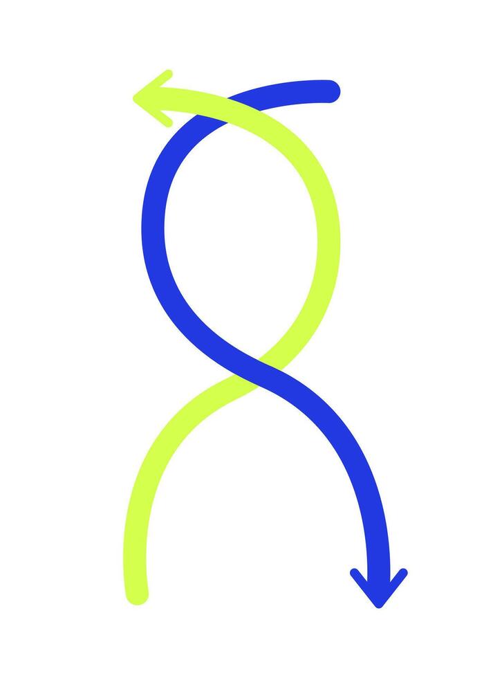 Intersecting arrows in blue and neon green 2D cartoon object. Direction flow, change. Abstract movement. Directional symbols isolated element flat clip art on white. Spot illustration vector