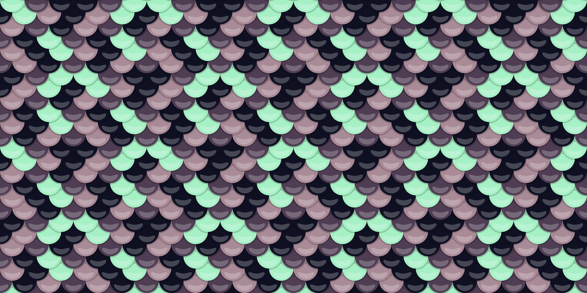 Elegant seamless pattern of overlapping scales in muted teal, purple, and dark gray. Perfect for fashion, website backgrounds, or any design needing a subtle yet sophisticated texture. vector