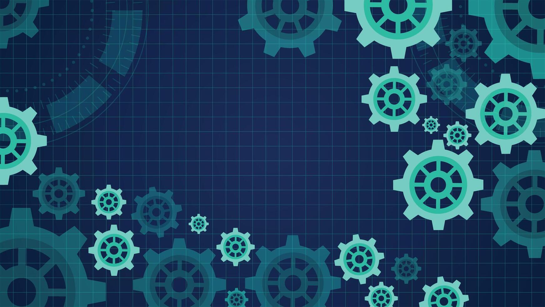 Modern futuristic background featuring glowing gears on a digital blue grid with abstract mechanical and technology design, perfect for industry, engineering and innovation themes vector