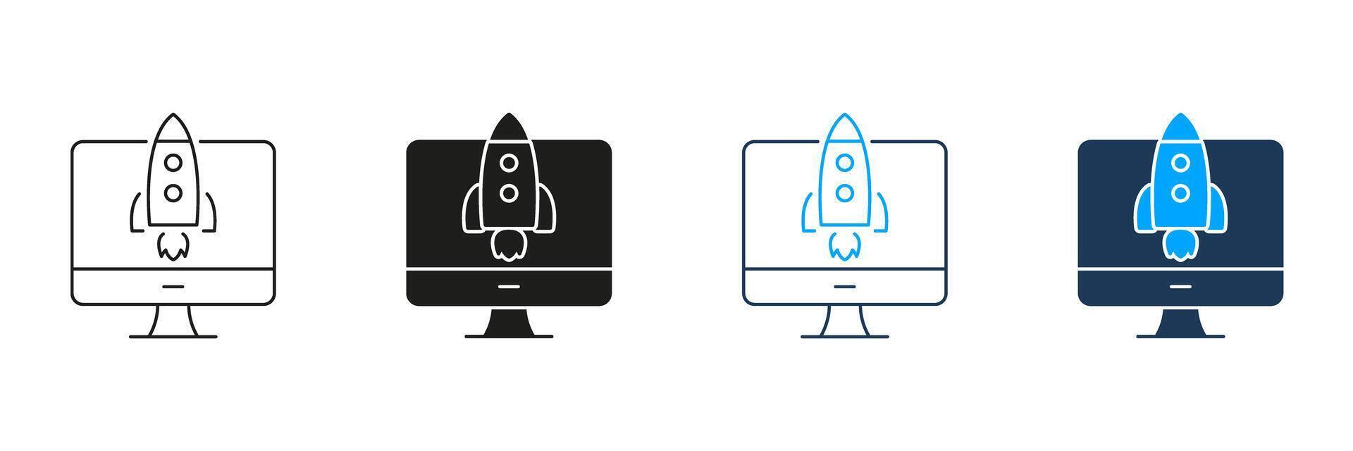 Computer With Rocket Launch Line And Solid Icon Set. Startup, Innovation, And Technology Advancement Symbol Collection. Business Growth And Digital Transformation. Isolated Illustration vector