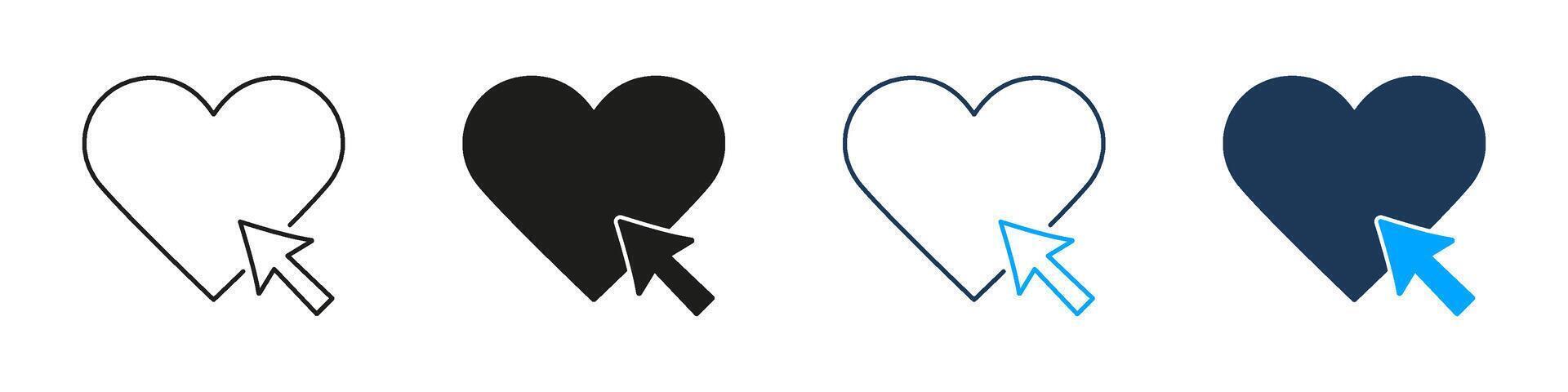 Heart With Cursor Line And Solid Icon Set. Online Interaction, Digital Engagement, And Social Media Like Symbol Collection. User Experience And Web Design Elements. Isolated Illustration vector