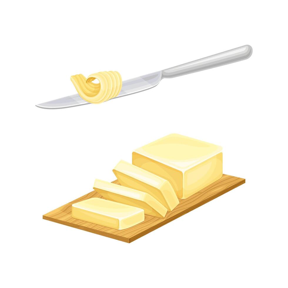 Sliced piece of butter and knife with butter curl illustration vector