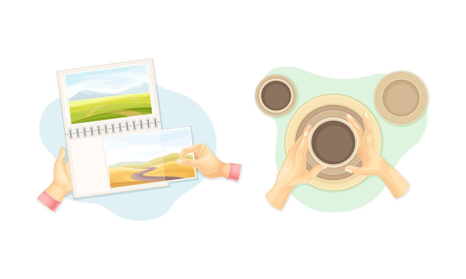 Top view of hands creating crafts set. Hands making clay pot and attaching photos at photo album illustration vector