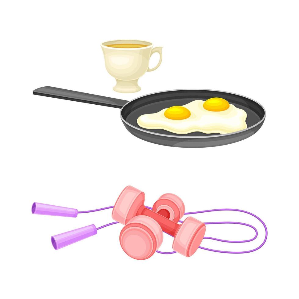 Frying Pan with Scrambled Eggs and Dumbbell with Skipping Rope as Good Morning Symbol and Attribute Set vector