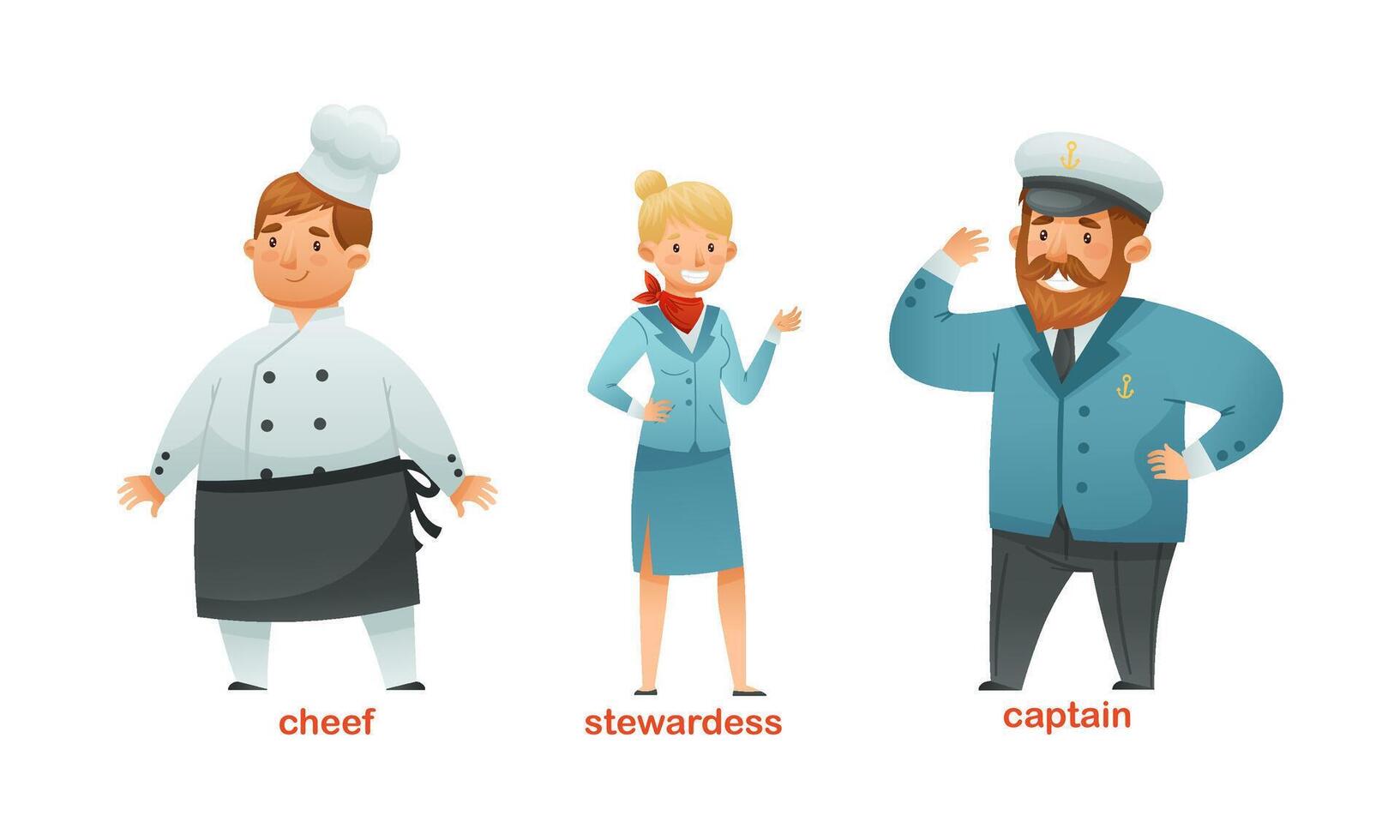 Man and Woman Character of Various Professions with Chef, Stewardess and Captain in Uniform Set vector