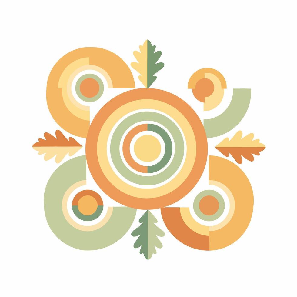 Symmetrical geometric ornament with concentric circles and oak leaves in a modern flat style using autumn colors. vector