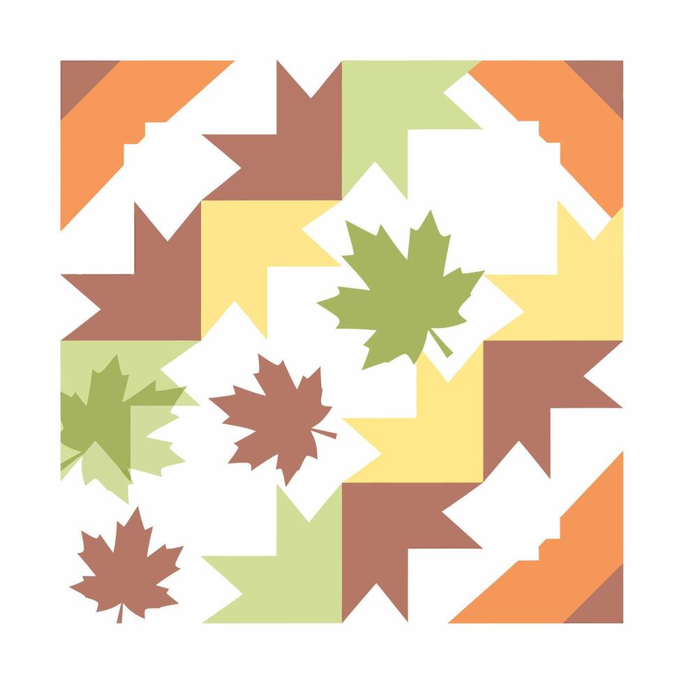 Geometric Autumn Quilt Block Pattern with Maple Leaf Silhouettes in Earth Tones vector