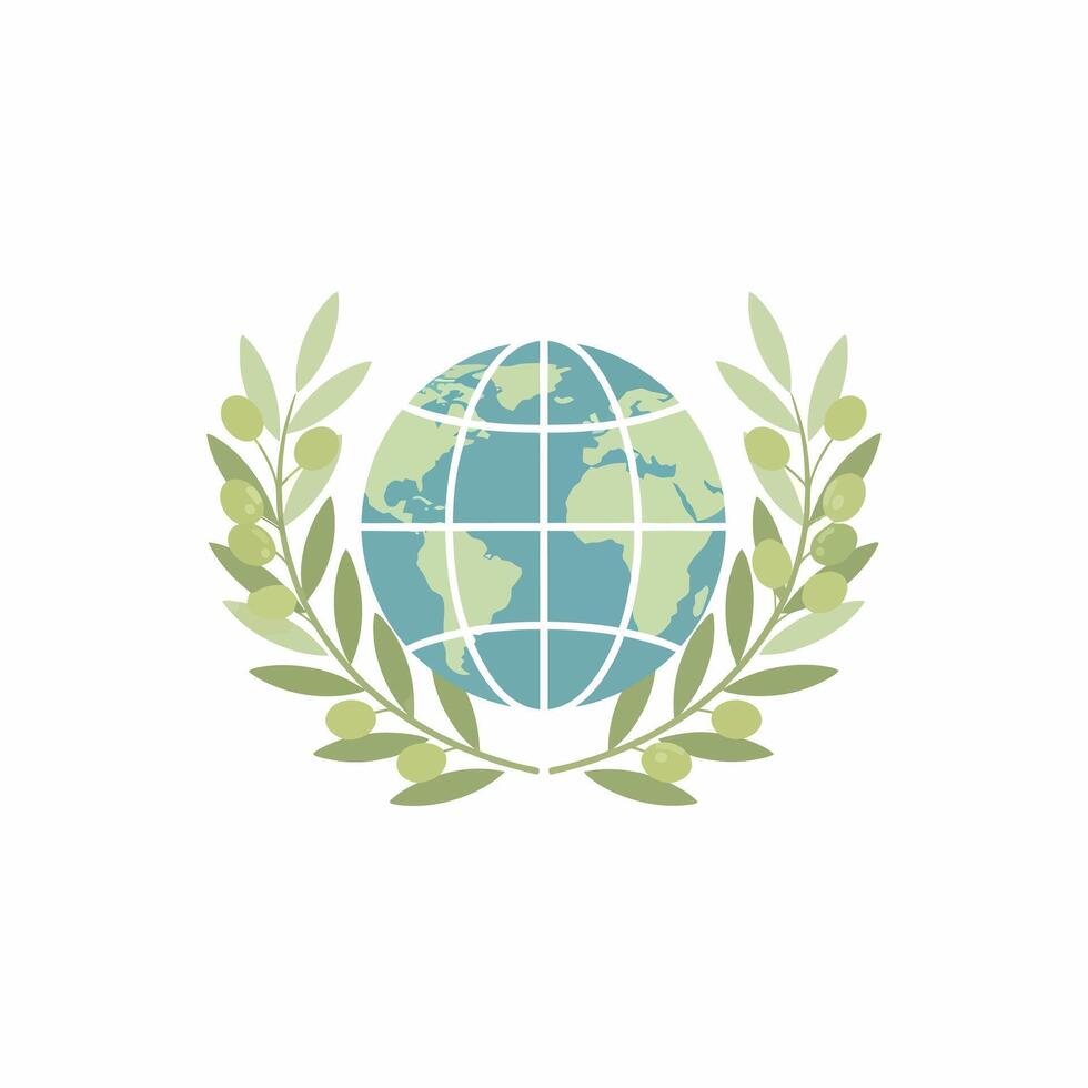 Stylized globe with continents and grid lines, framed by a symmetrical wreath of green olive branches. vector