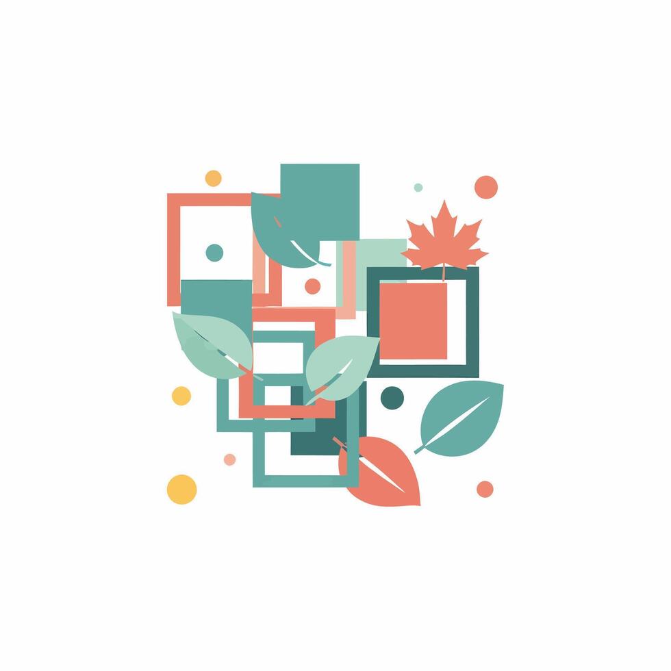 A modern abstract composition of overlapping geometric squares and stylized autumn leaves in a flat design style. vector