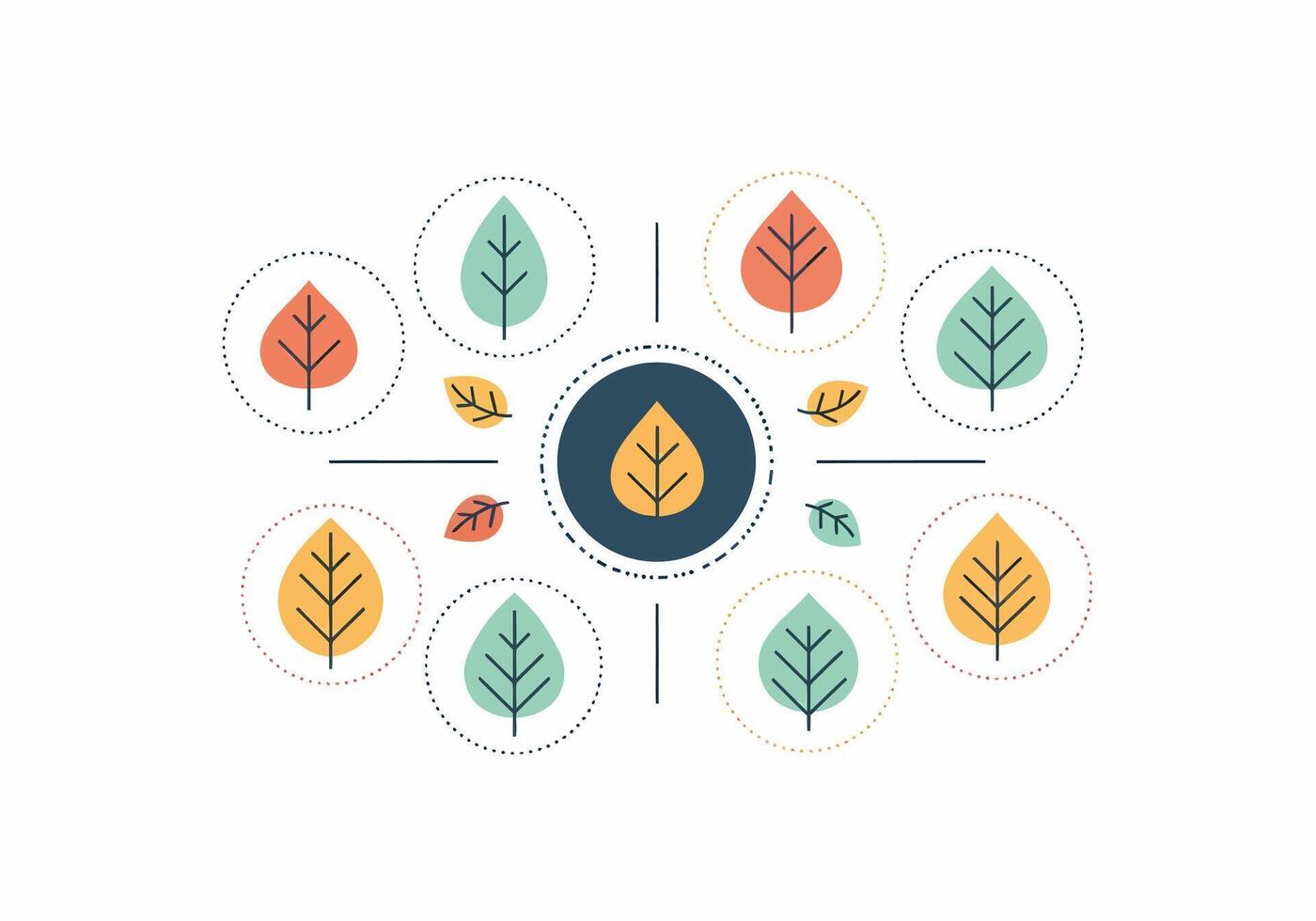 Stylized network of colorful autumn leaves within dotted circles in a flat design. vector