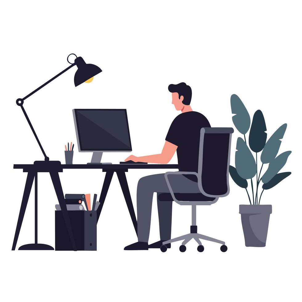 Man working at desk with computer and office lamp in modern workspace with plant illustration vector