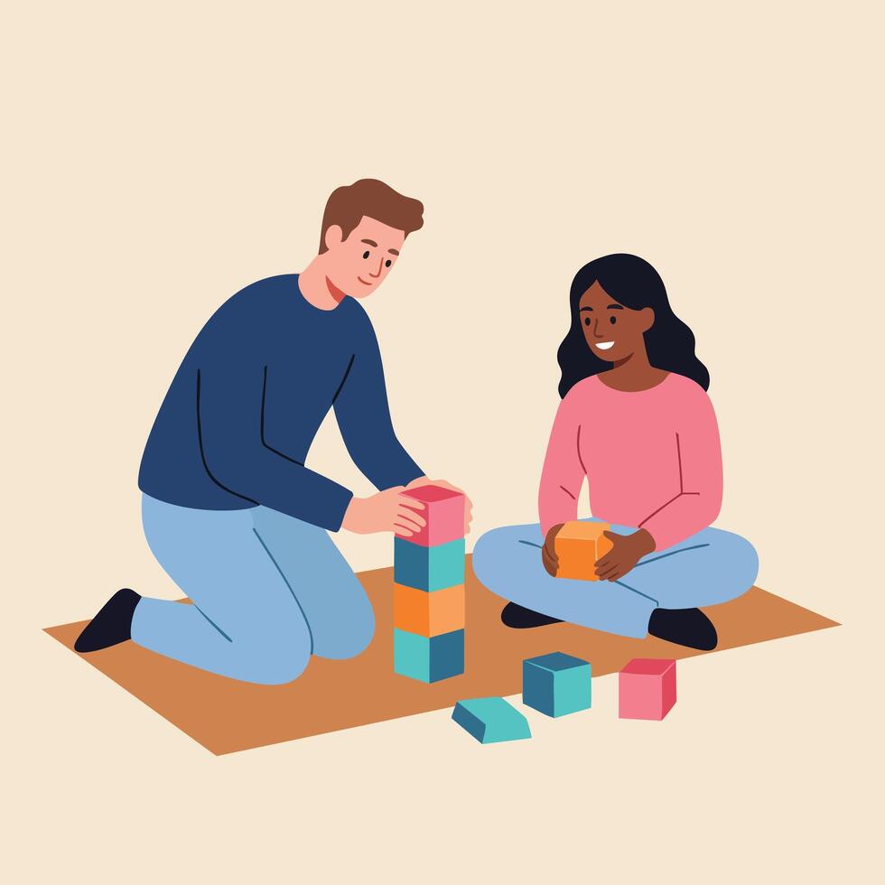 Father and daughter playing with colorful building blocks on floor in casual home setting natural joyful activity vector