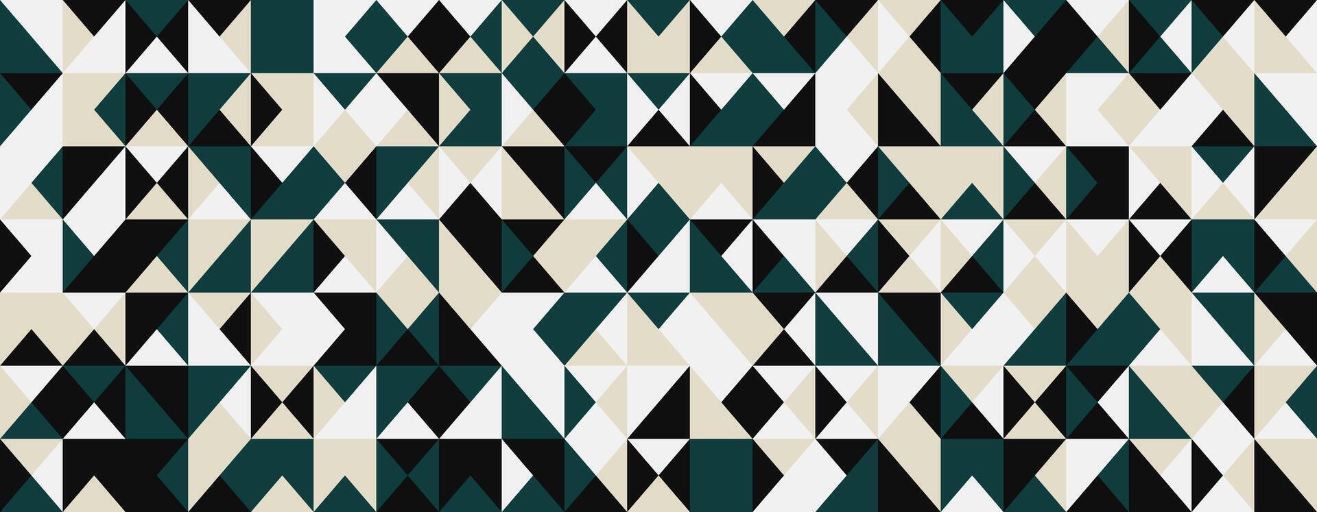 Abstract geometric pattern featuring a mosaic of teal, black, and beige triangles. Ideal for modern design projects, website backgrounds, or textile prints. vector