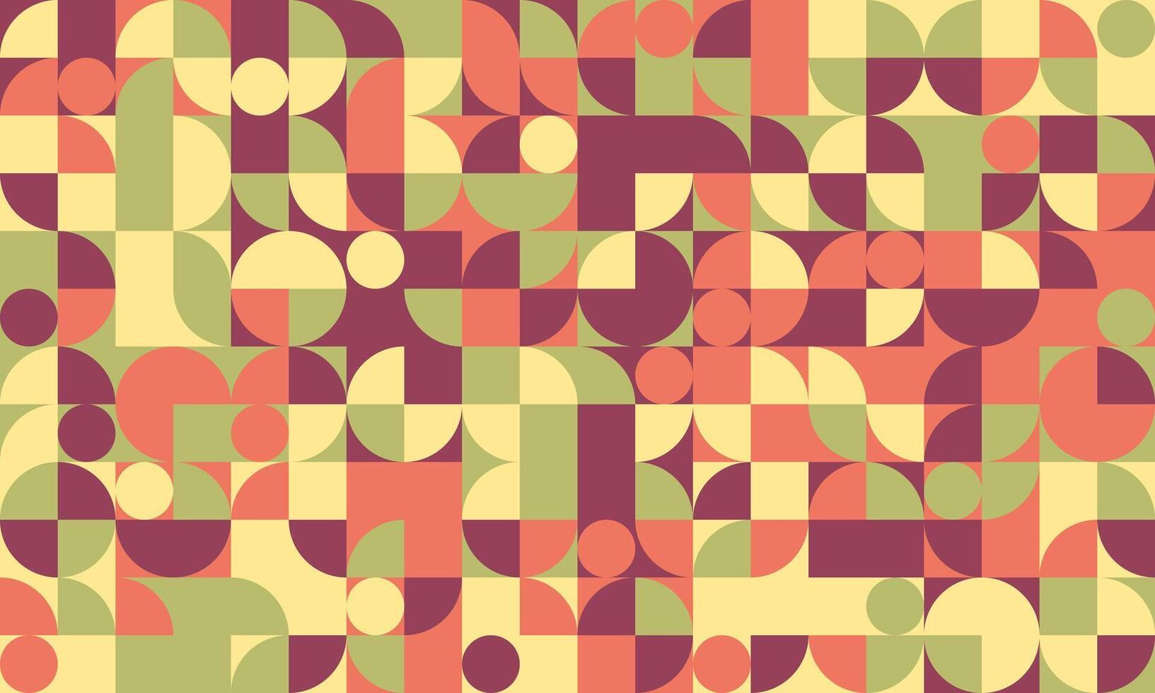 Abstract geometric pattern with muted earth tones. Midcentury modern style design featuring circles, squares, and halfcircles. vector