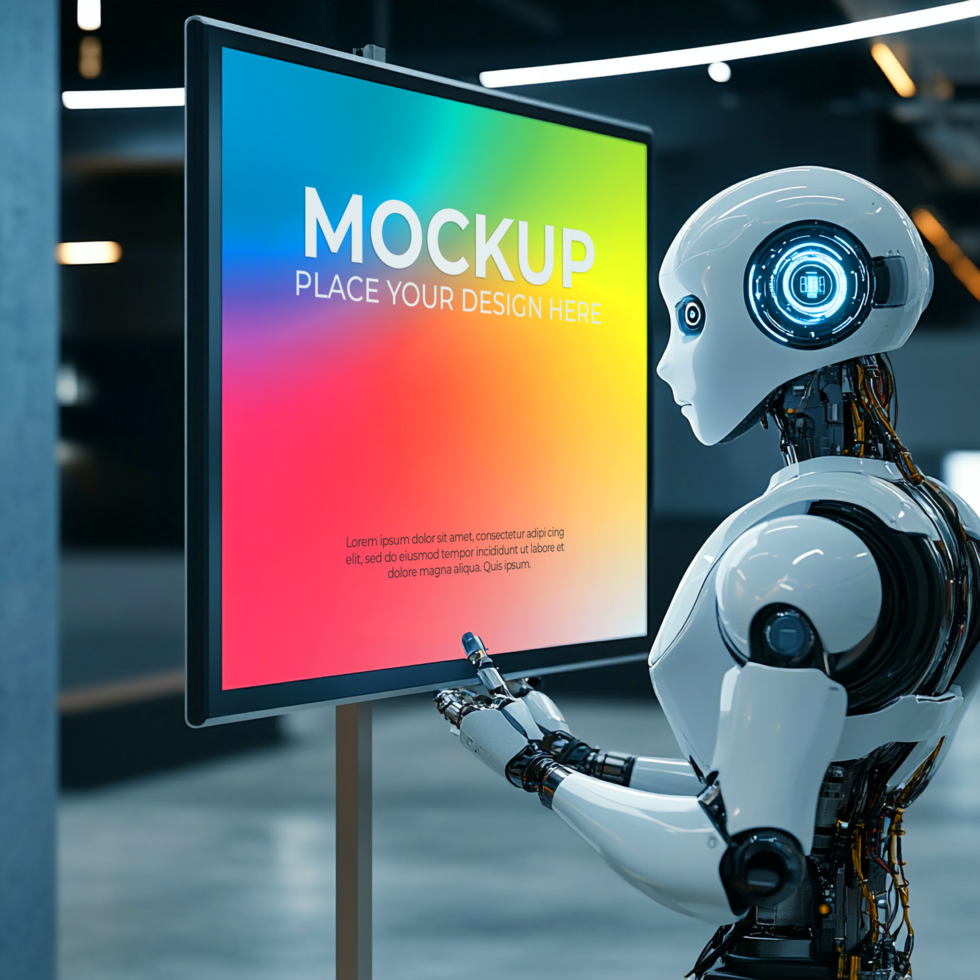 robot interagendo con un' colorato schermo Schermo nel un' futuristico ambiente ambientazione in casa psd