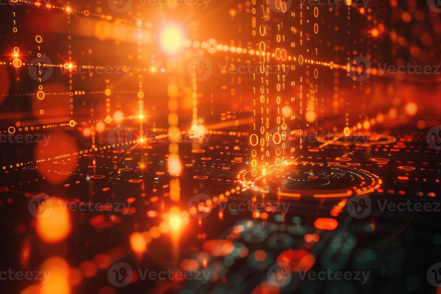 Abstract digital data flow, orange network, glowing background, tech concept photo