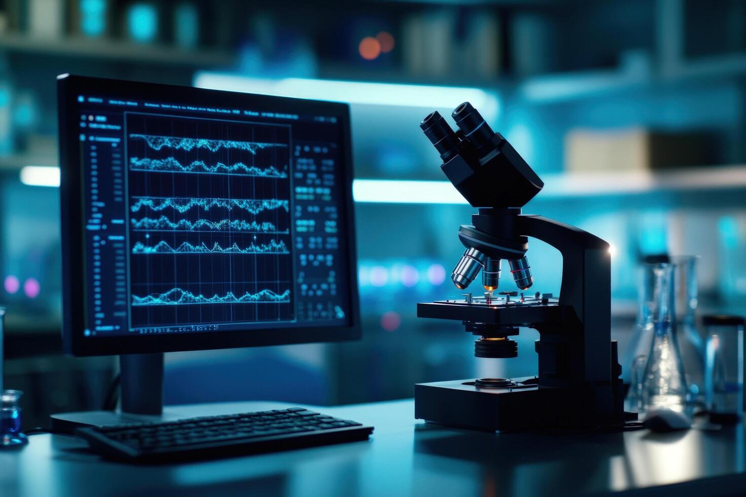 Lab Data Analysis Microscope, computer screen displaying graphs, research background photo