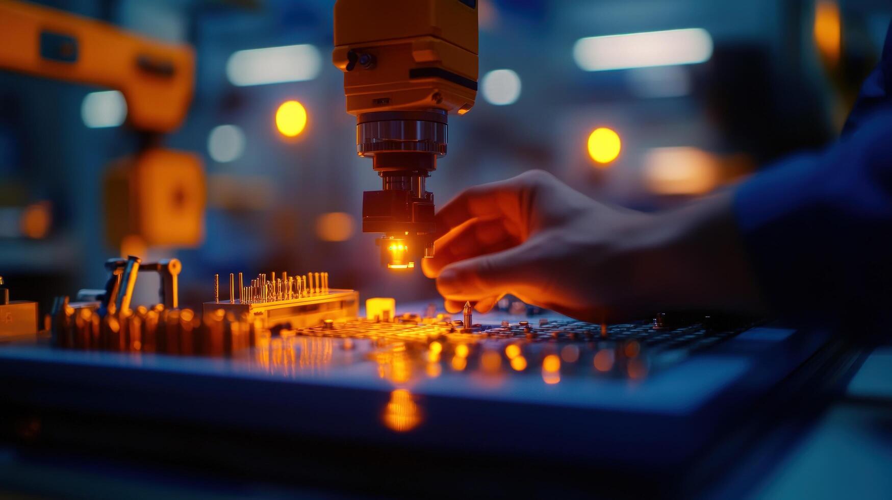 Technician installing component, robotic arm assisting, factory background, industrial automation photo
