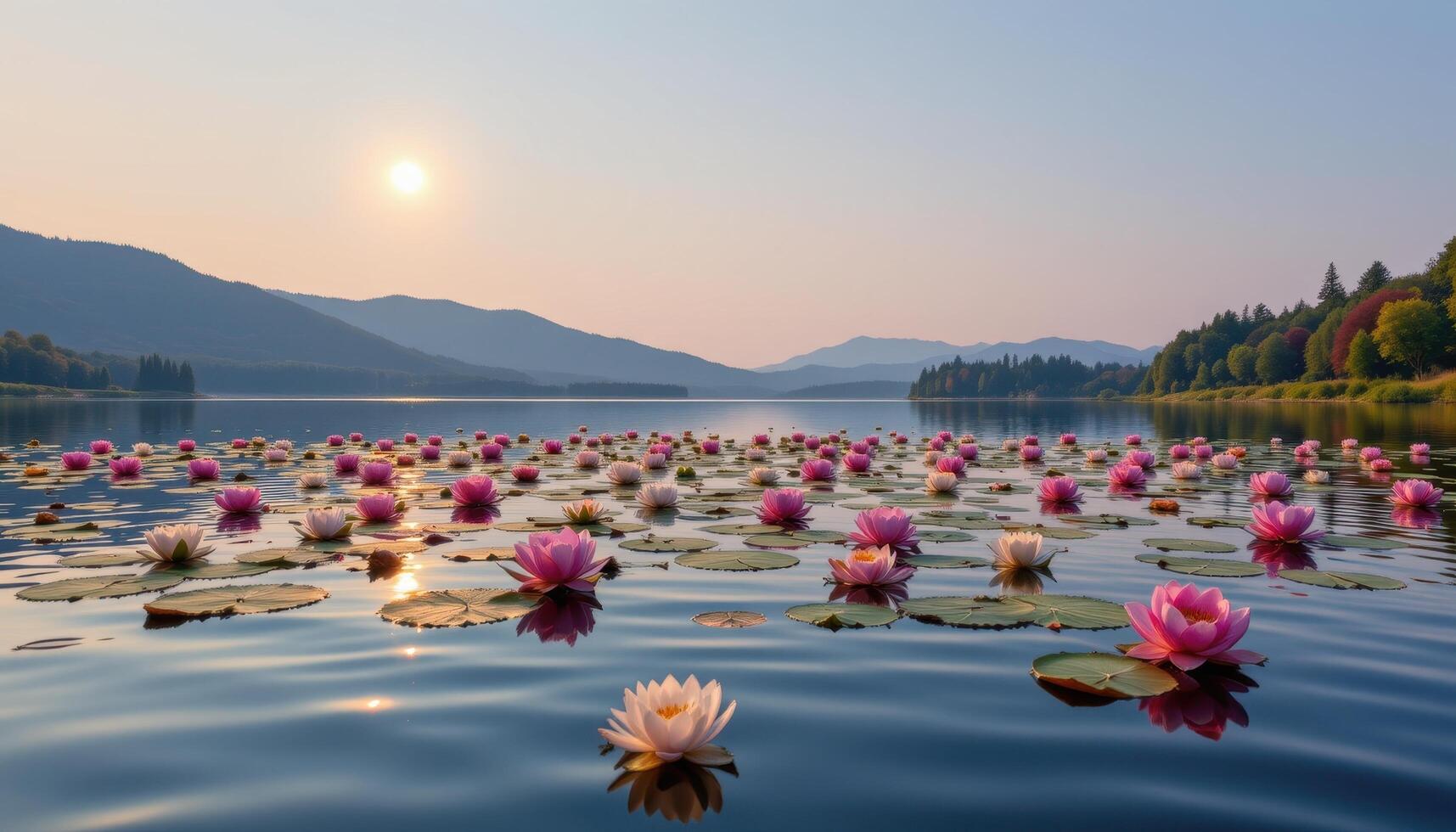 the calm lake ripples slightly as floating blooms create endless soft patterns under a glowing crescent moon. photo