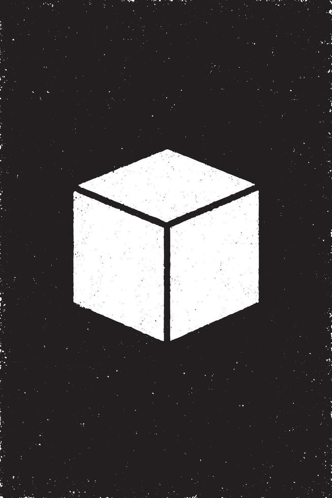 Black and white grunge style illustration of a geometric cube with distressed texture. Perfect for abstract design, retro posters, vintage graphics, and creative projects. vector