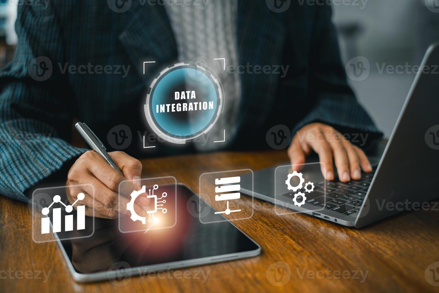 Visual representation of data integration using digital technology and devices for efficient business solutions. photo
