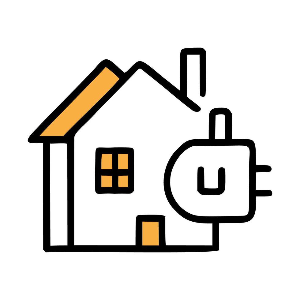 A simple illustration of a house with a power plug, symbolizing energy efficiency and sustainable living. The design features a minimalist style with bold lines. vector