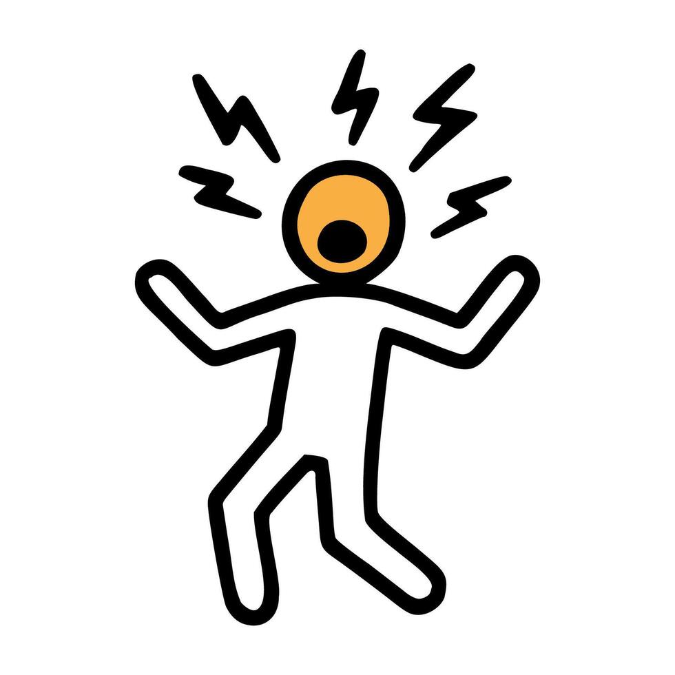 A simple illustration of a stick figure with an orange head, expressing frustration or stress, surrounded by zigzag lines representing noise or chaos. vector