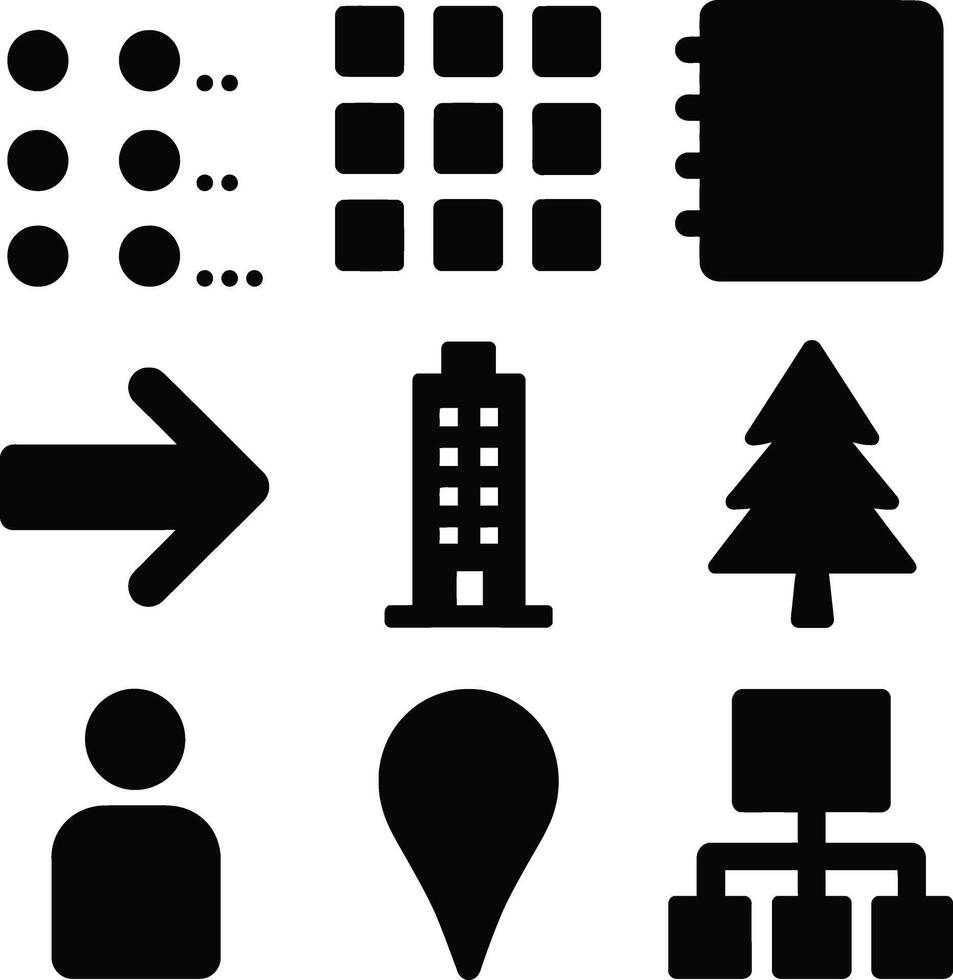 A collection of nine distinct black icons representing common digital interface elements and concepts vector