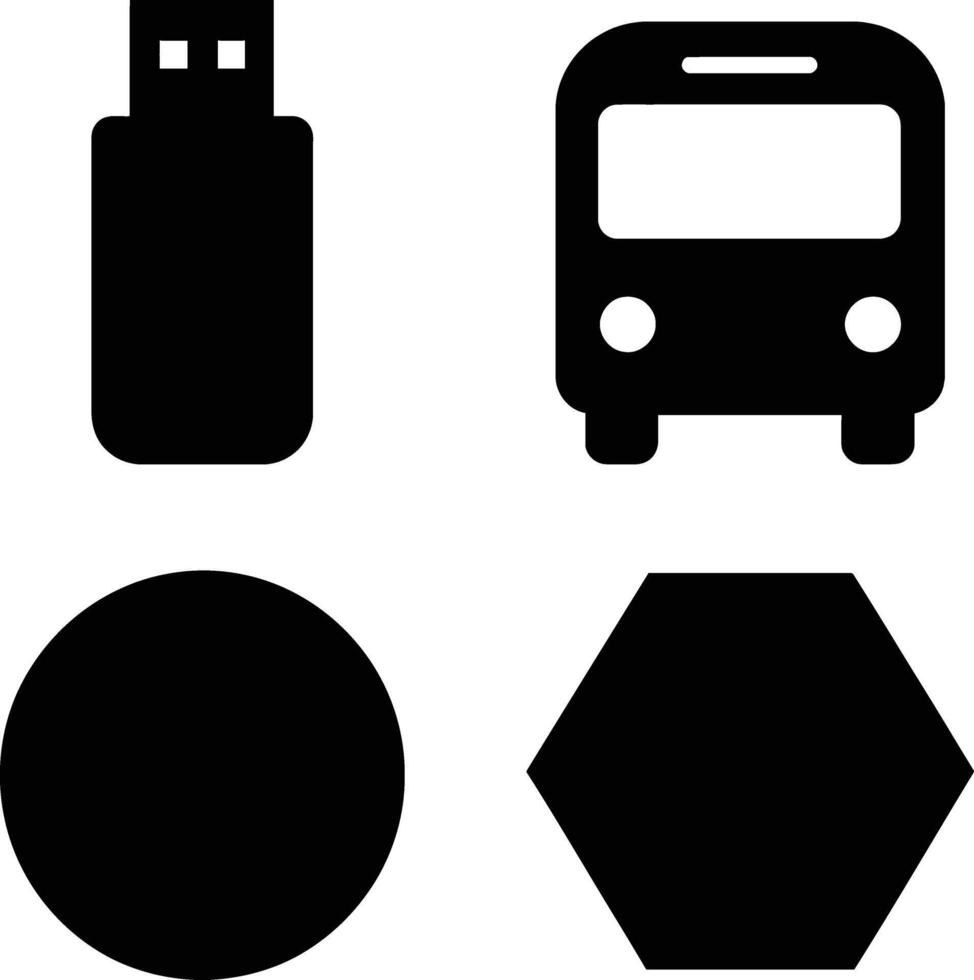 Collection of simple black icons featuring a usb drive bus circle and hexagon vector