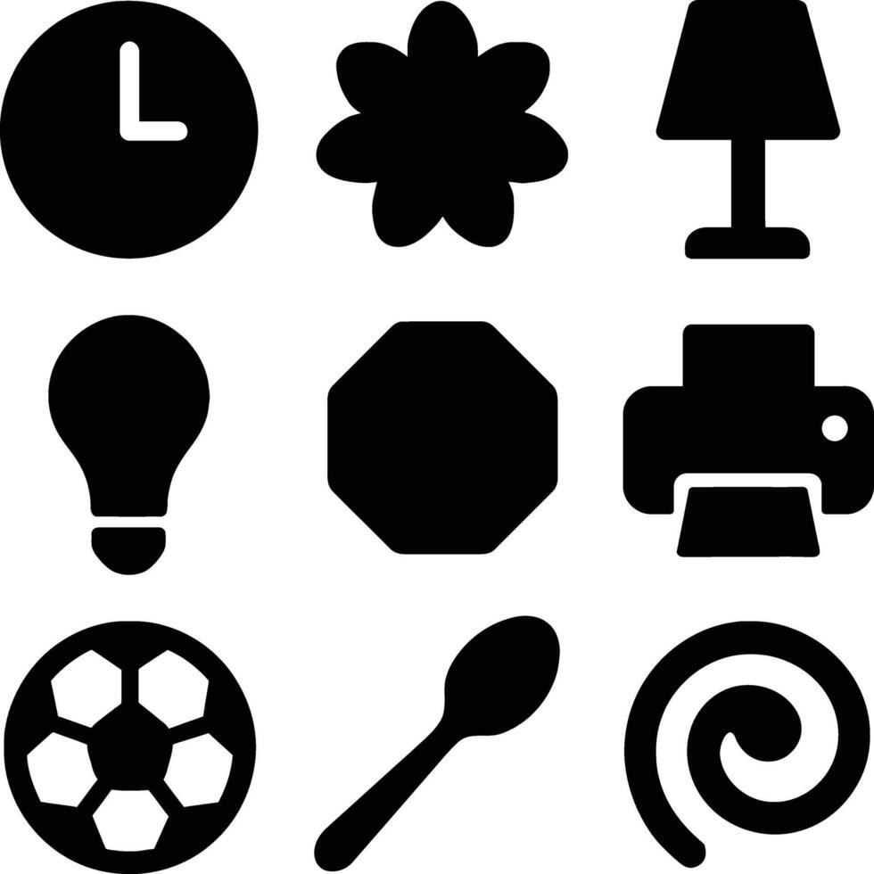 Collection of nine distinct black silhouette icons representing everyday objects and concepts on a white background vector