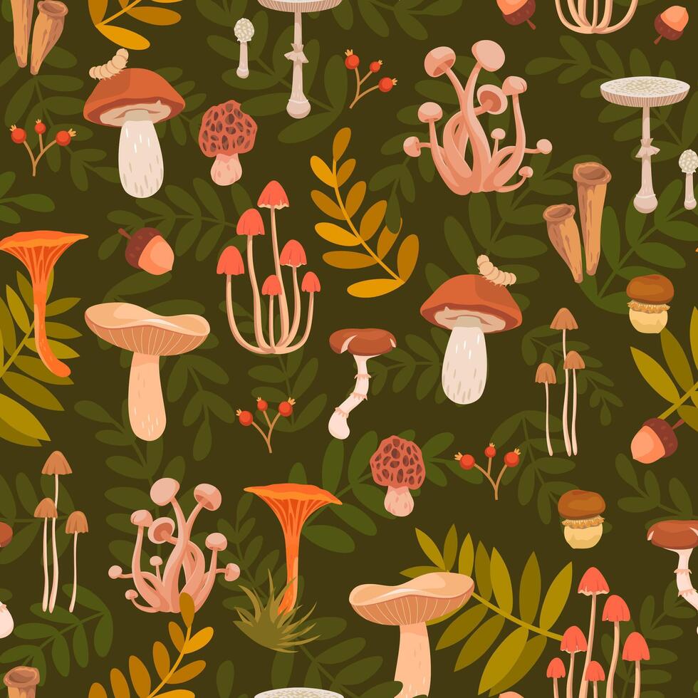 Mushroom pattern with green foliage vector