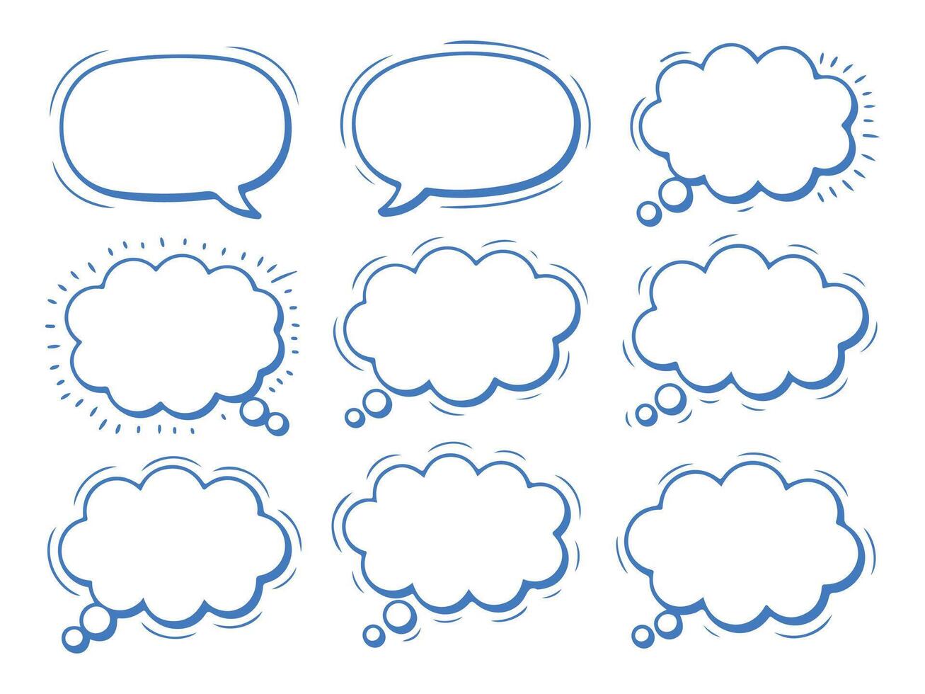 Collection of Hand Drawn Speech Bubbles and Thought Clouds in Blue for Design and Creative Communication Elements vector