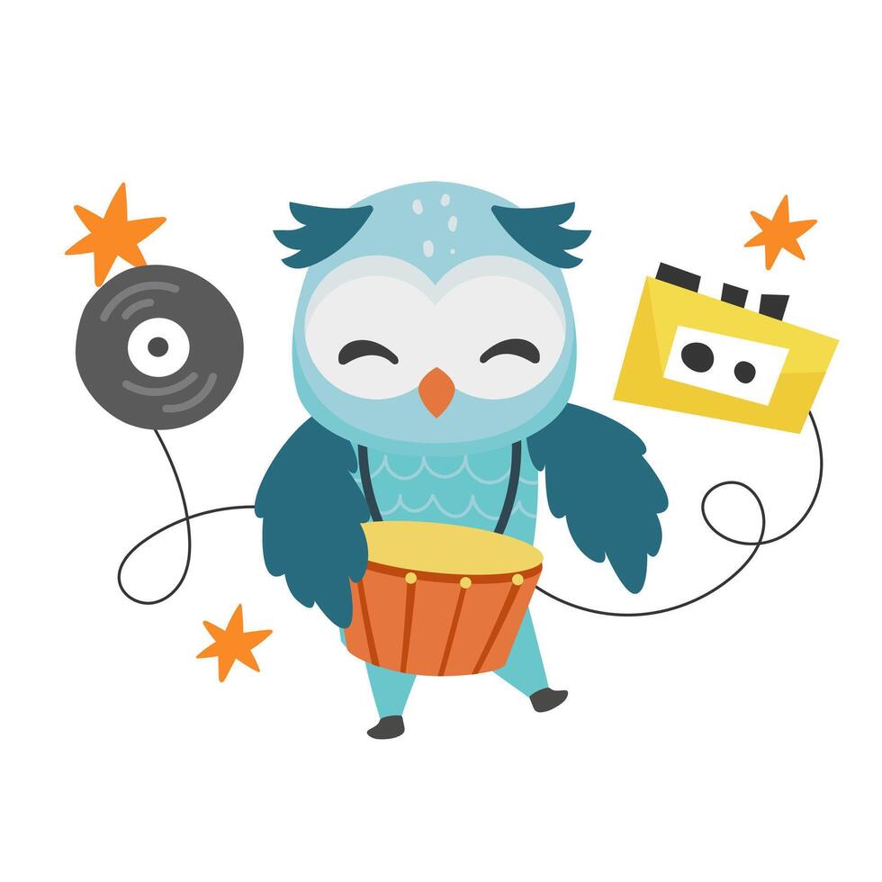 an owl with a drum and a record player vector