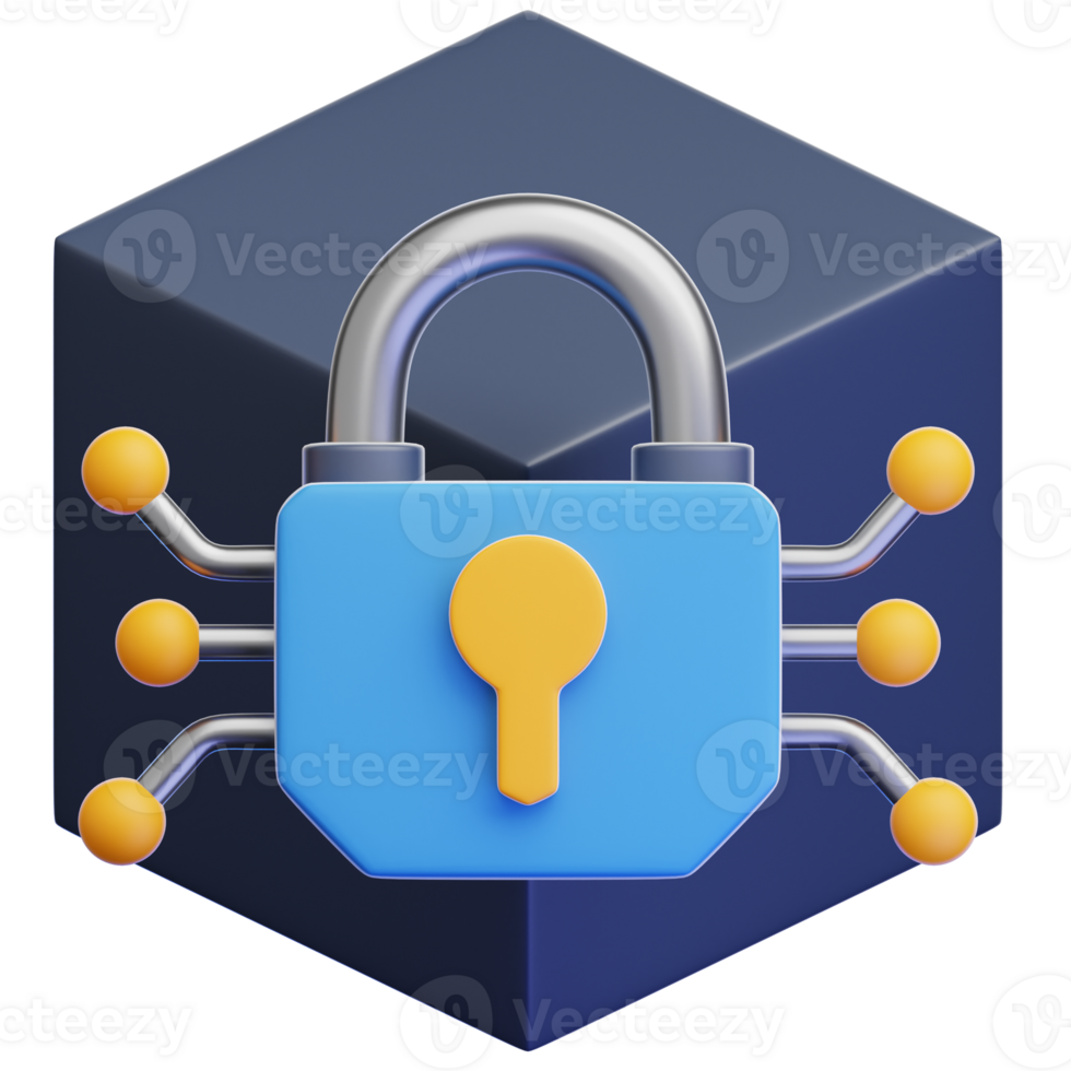 A digital padlock represents secure data on the blockchain, a strong symbol of blockchain safety. It is a digital illustration, representing the modern age. png