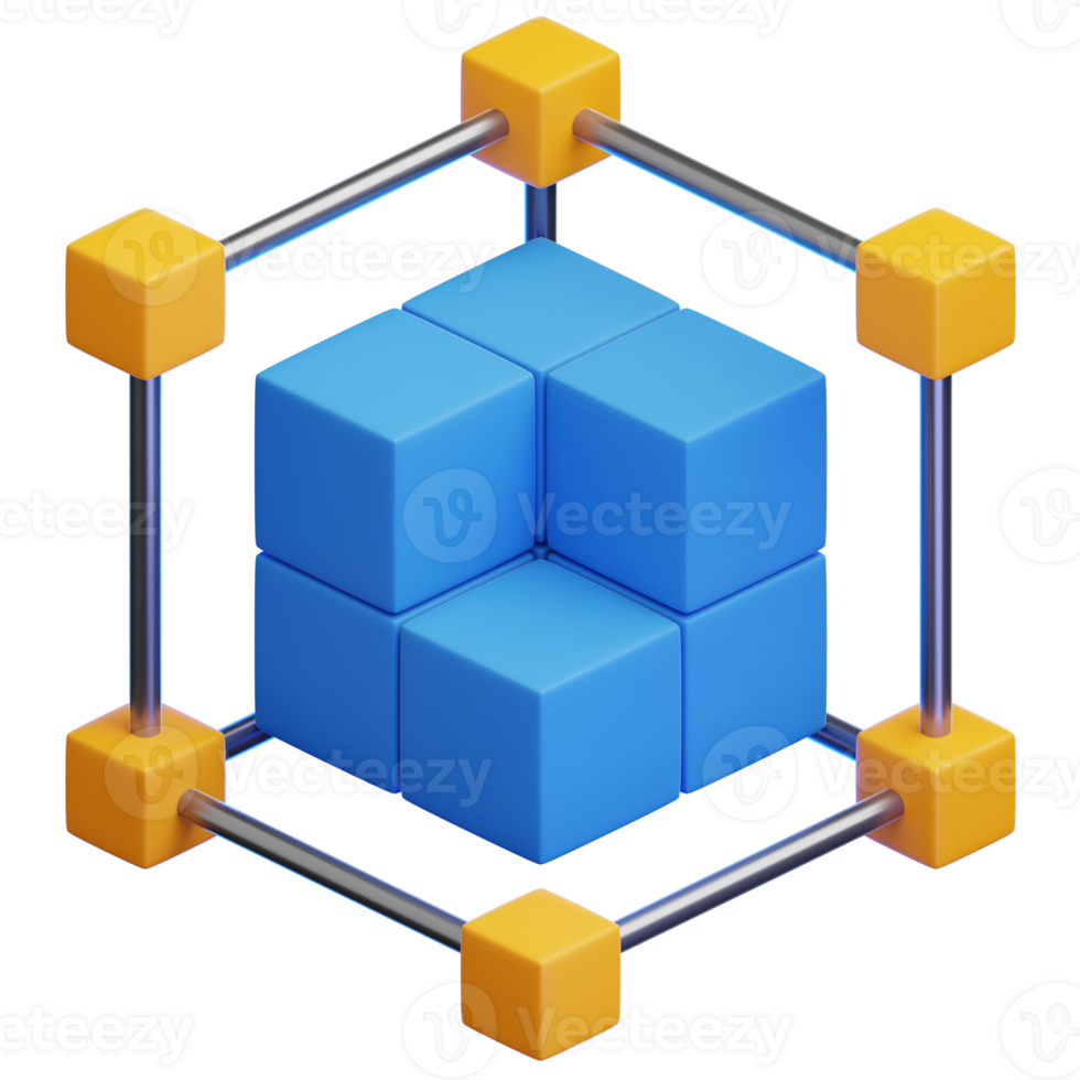 A 3D graphic of blockchain technology, highlighting the blockchain network and technological innovation. png