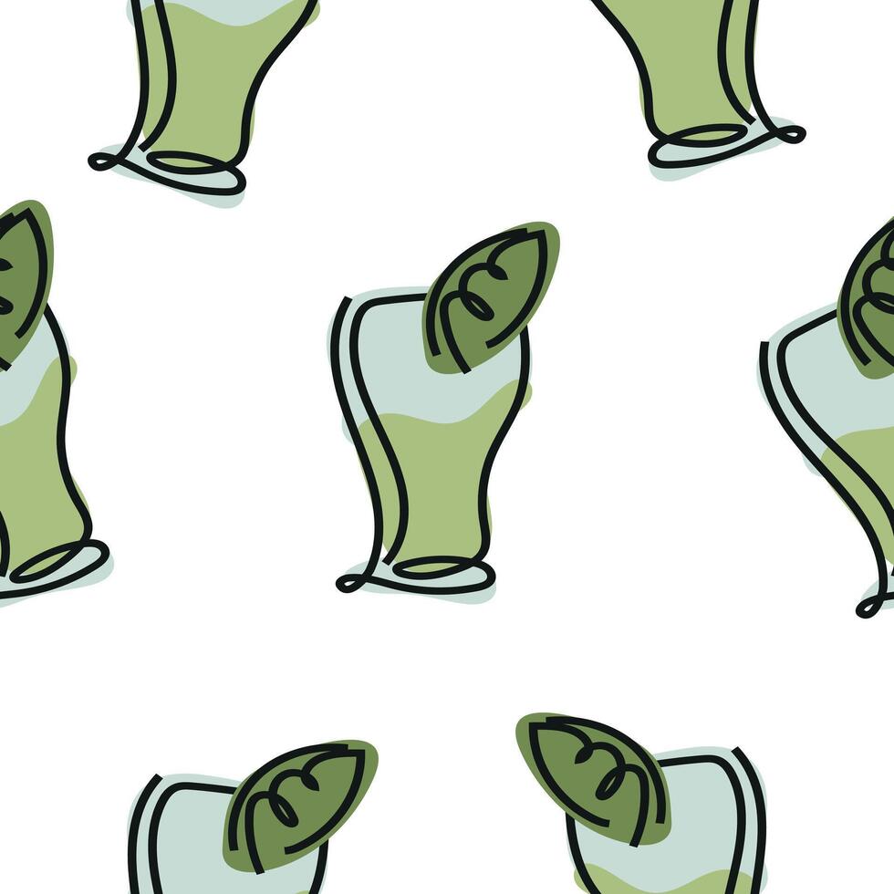 seamless pattern with rectangular mojito glasses in line art style drawn with multiple lines and abstract spots, for packaging, textiles or websites vector
