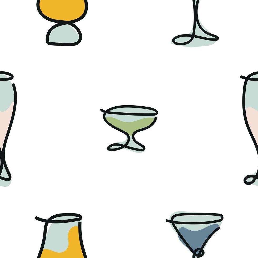 pattern with a large set of various glasses of different shapes for alcoholic and non-alcoholic drinks drawn with colorful contours and abstract spots, for packaging, textiles or websites vector