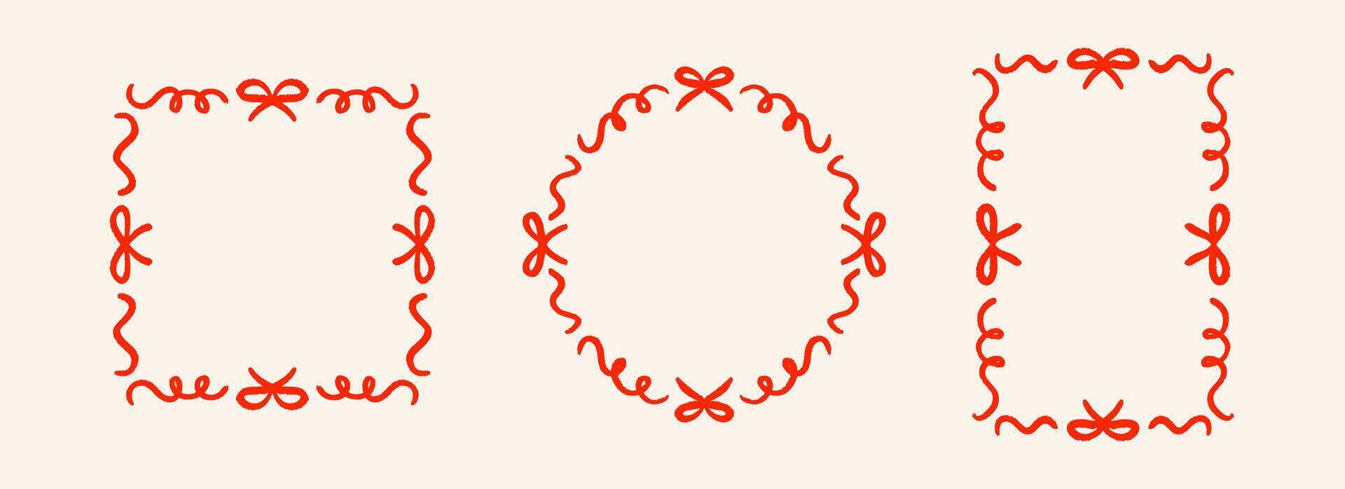 Red hand drawn bow frame set. Wavy ribbon border collection. Circle, square and rectangle doodled box bundle for invitation template, poster, banner. Coquette sketch cadre pack vector