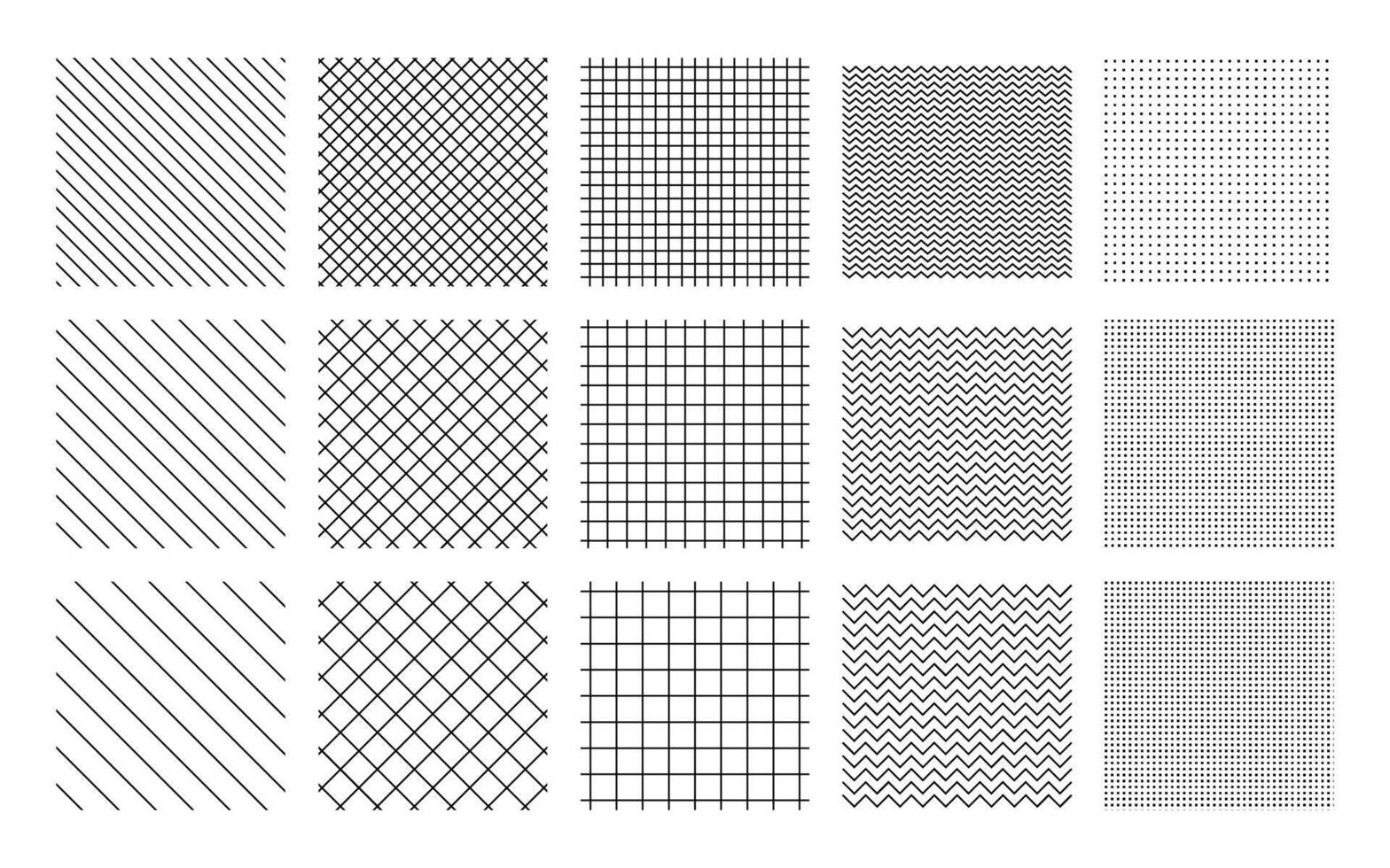 Set of 15 patterns with diagonal lines, grid and dotted shapes vector