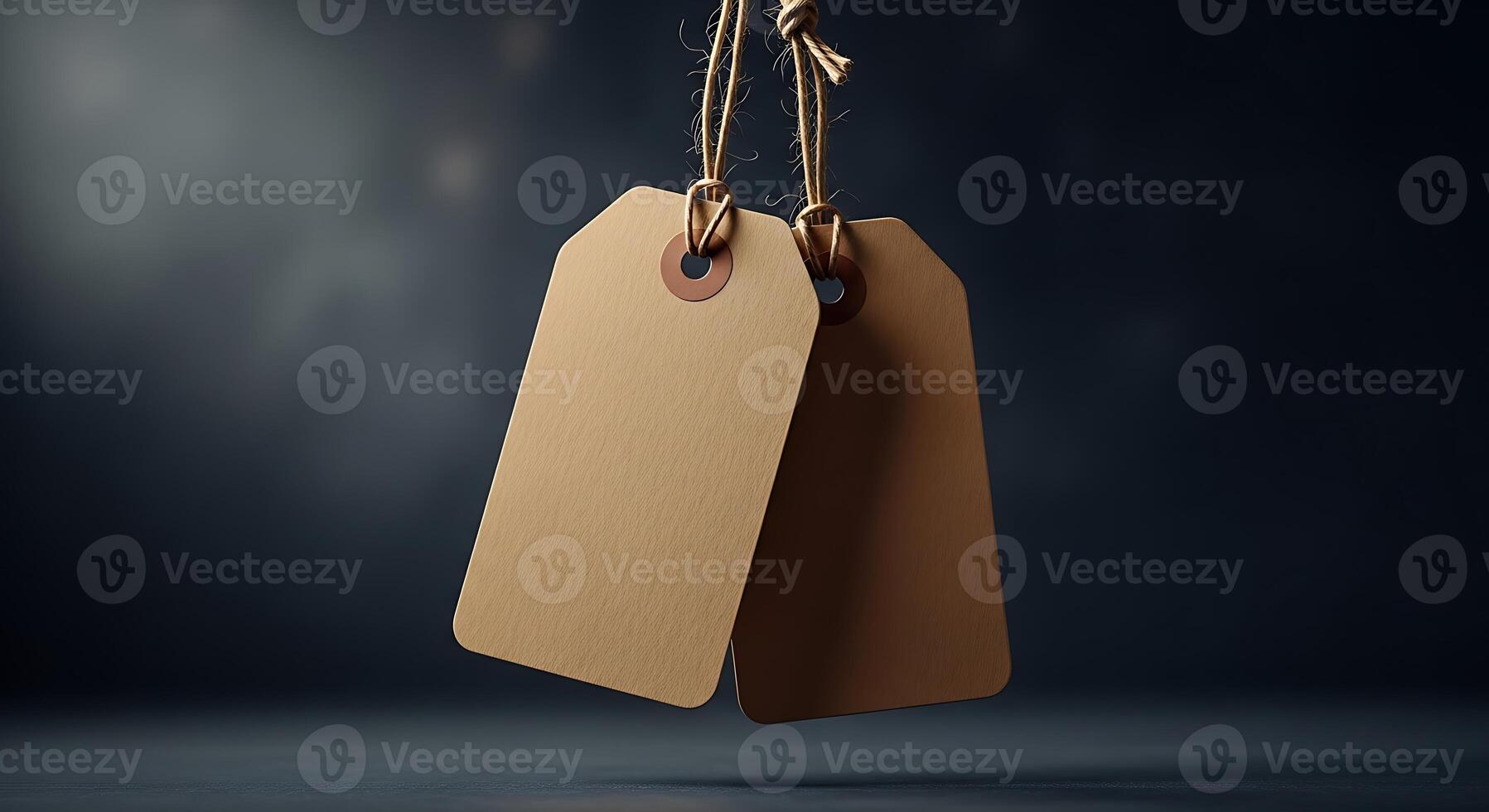 Two blank brown tags hanging from a string against a dark blurred background in a studio setting photo