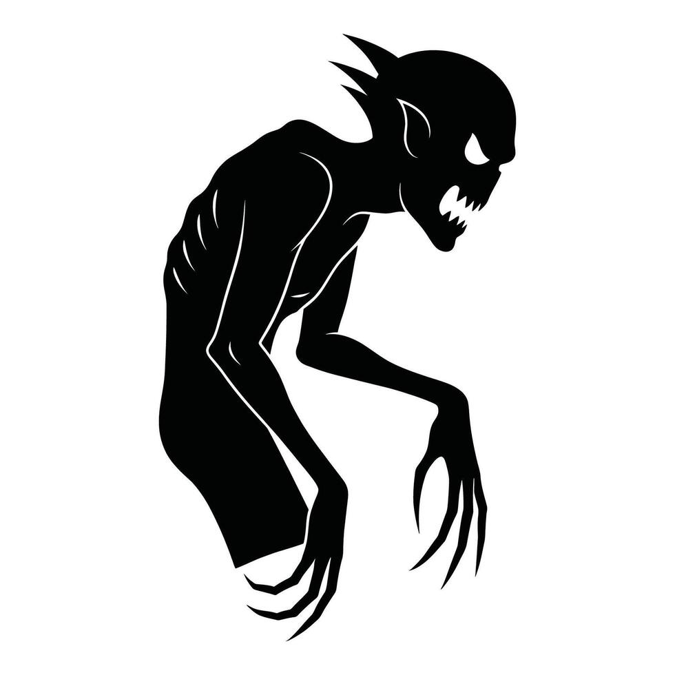 Black silhouette of a menacing creature with sharp teeth and claws monster white vector